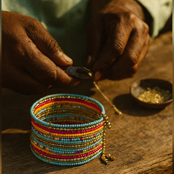 ποΈIndian Artisanal Beaded Boho Chic Cuff Bracelet | Pastel & Brass Statement πΌ - Picture 6 of 14